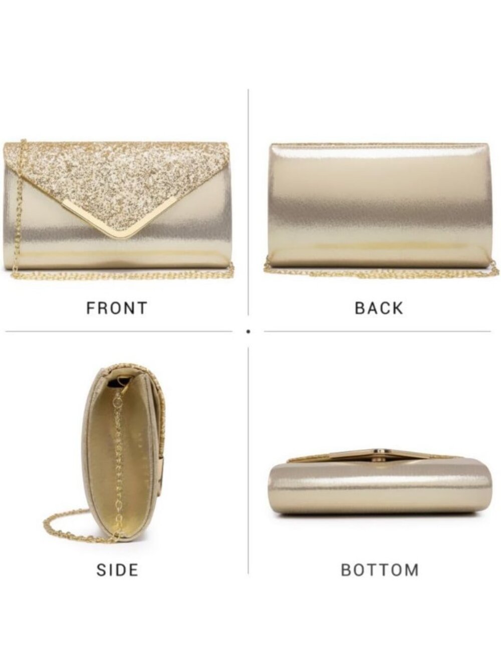 Women's Gold Glitter Clutch Purses For Wedding Party Prom With Shoulder Strap - Picture 3 of 6